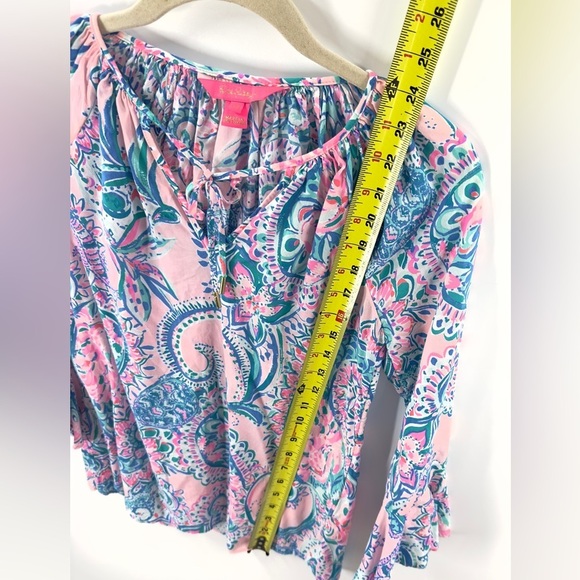Lilly Pulitzer Womens Willa Flounce Sleeve Top Size XXS Pink Blue Tropical Print - Picture 10 of 11